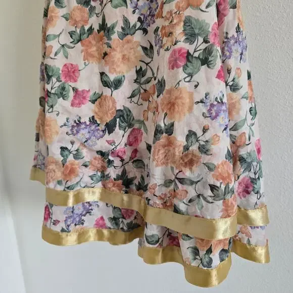 Nas Boutique Floral Mini Slip Dress Gold Satin Trim-S Y2K Cottagecore Coquette - Picture 3 of 8